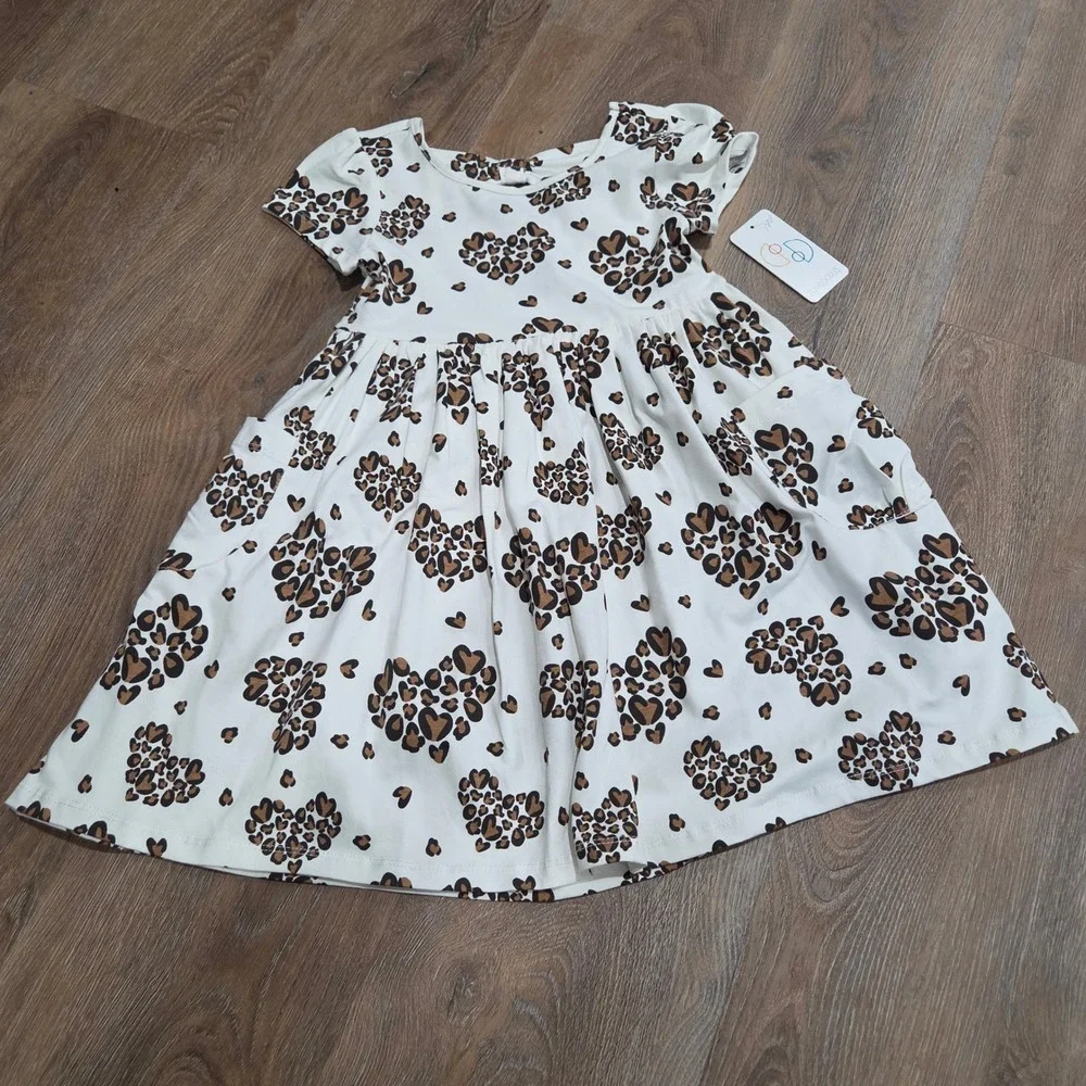 Flapdoodles Girls Heart Leopard Print Dress White Brown Short Sleeve Size 6 NWT